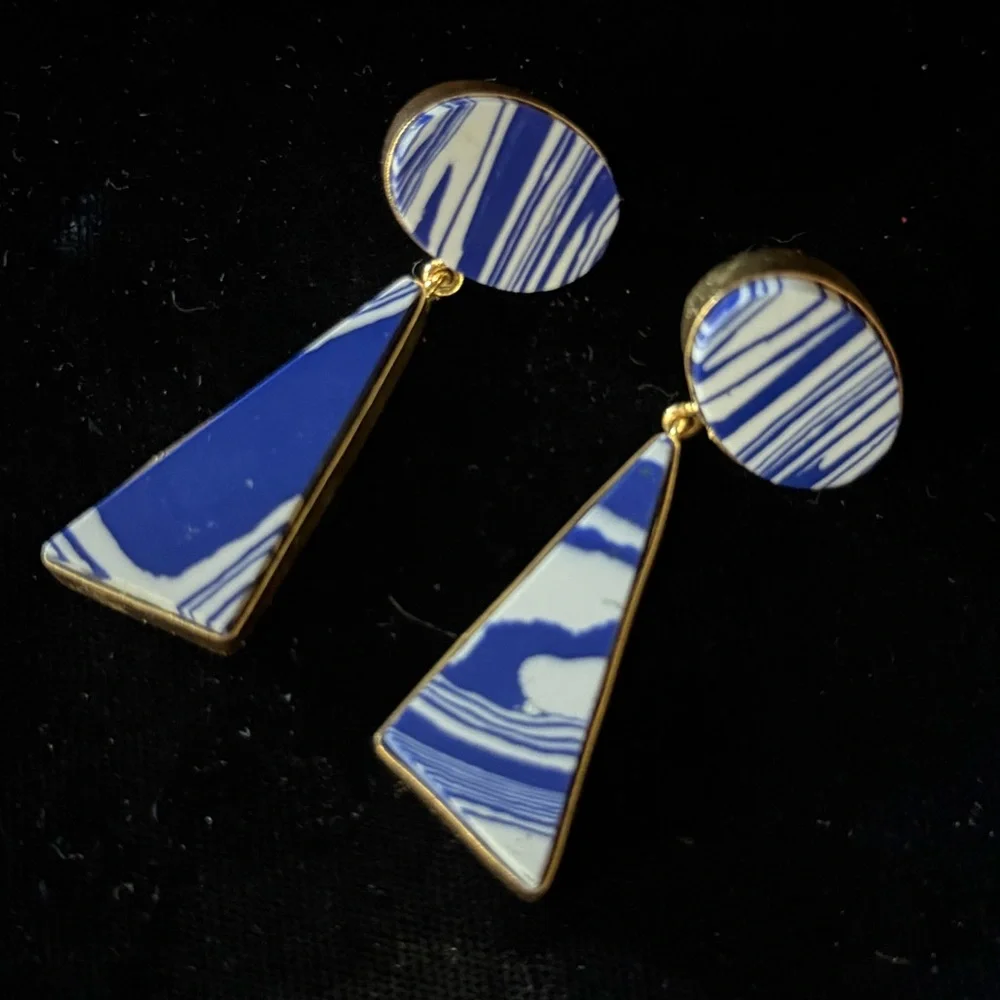 Blue and White Patterned Triangle Gold Border Dangling Statement Post Earrings - Picture 6 of 16